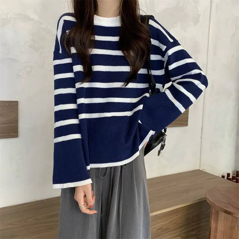 
                  
                    Korean Striped Loose Sweater Women Autumn Winter Elegant Harajuku Knitted Pullover Retro O Neck Oversized Tops Streetwear Jumper
                  
                