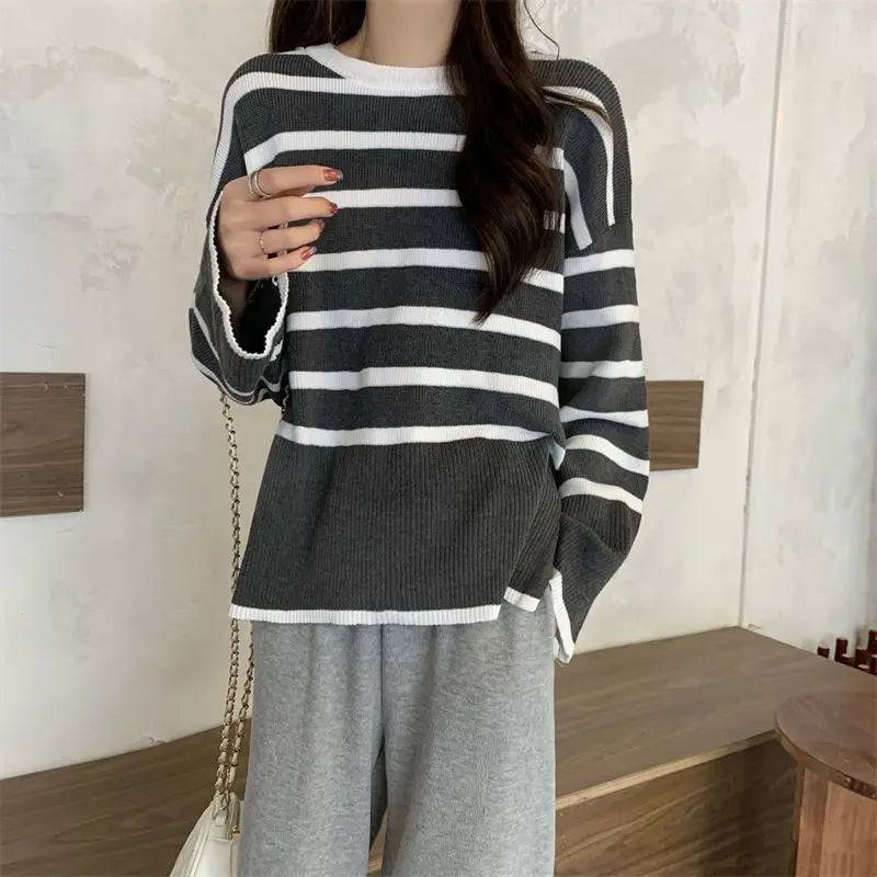 
                  
                    Korean Striped Loose Sweater Women Autumn Winter Elegant Harajuku Knitted Pullover Retro O Neck Oversized Tops Streetwear Jumper
                  
                