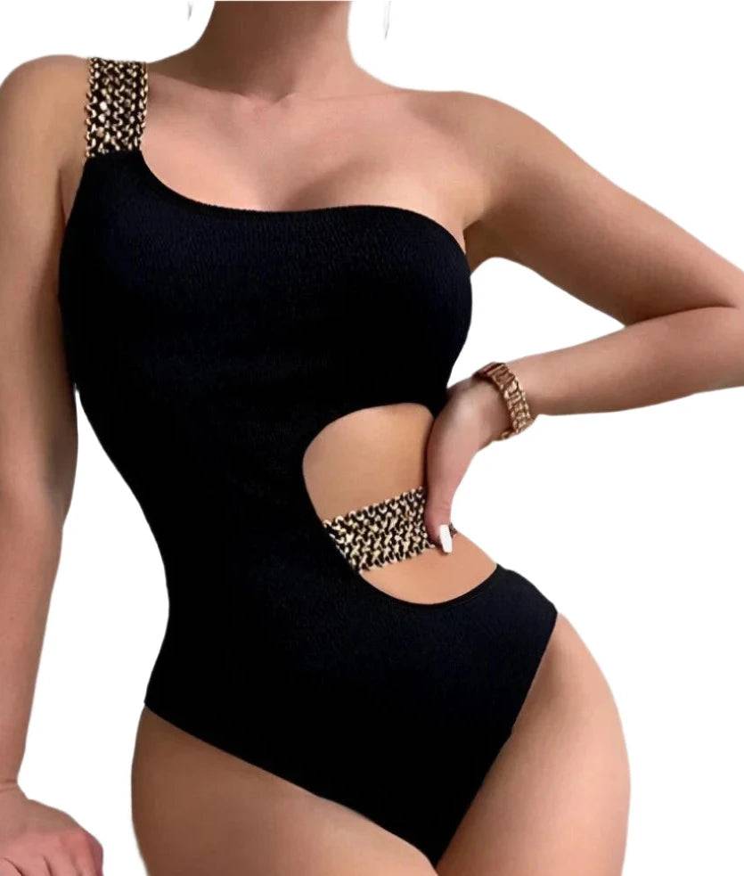 2024 Metal Chain Shoulder Swimsuit Women One Piece Hollow Out Swimwear Female Bodysuit Bathing Swimming Suit Bathers Beachwear