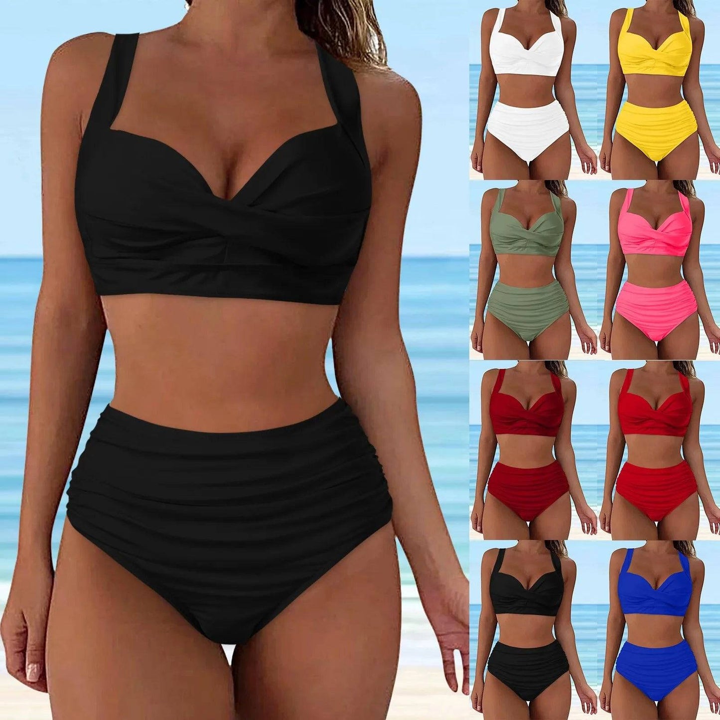 
                  
                    Women High Waisted Bikini Sexy Two Piece Push Up Swimsuits Classic Solid Color Wrinkled Lace Up Swimwear Maillot De Bain Femme
                  
                