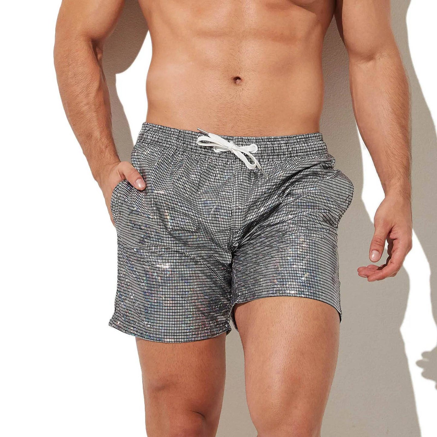 
                  
                    CLEVER-MENMODE Beach Board Swim Shorts Mens Silvery Shine Surfing Swimming Trunks Boxers Faux Leather Beachwear Gymwear
                  
                