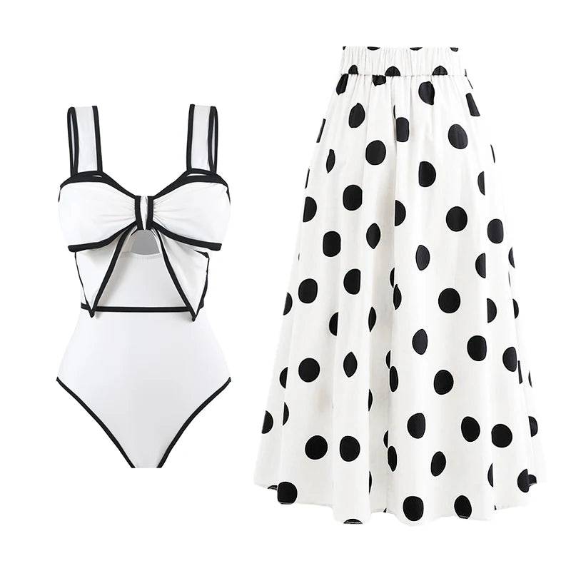 2024 Black White  Bow Tie One Piece Swimsuit For Women Swimwear With Skirt Bathing Suit Monokini Beach Bodysuit Beach Wear