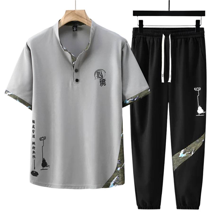 Summer Tracksuits Plus Size 12XL Men's Sets Fashion Casual Chinese Traditional Style T-shirts Pants Suits Male Sets Big Size