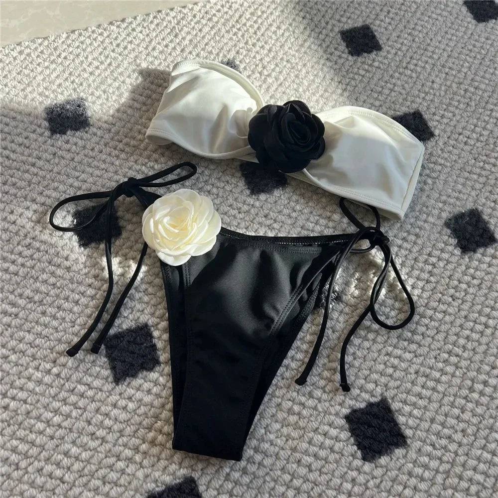 
                  
                    Sexy Flower Bandeau Swimwear Thong Bikini 2024 Women Lace-up Swimsuits Swimming Bathing Suit Brazilian Bikinis Set Mujer Biquini
                  
                