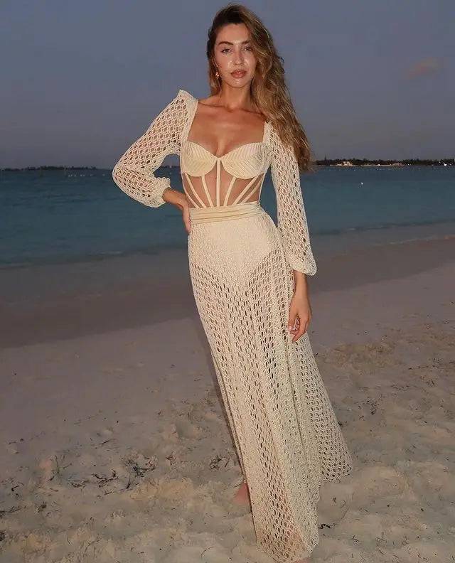 
                  
                    Female Retro Swimsuit Holiday Beachwear White Gauze Cover Up Designer Bathing Suit Long Sleeve Backless Swimwear Summer
                  
                