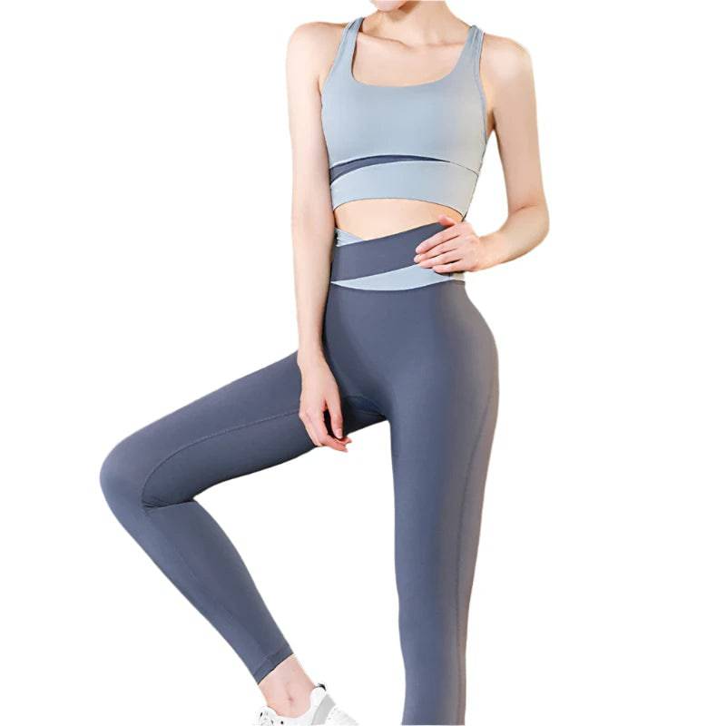 High Waist Yoga Set Lady Gym Suit Sport Set Shockproof Sport Bra Crop Top Patchwork Tracksuit Women Fitness Outfit Training Wear