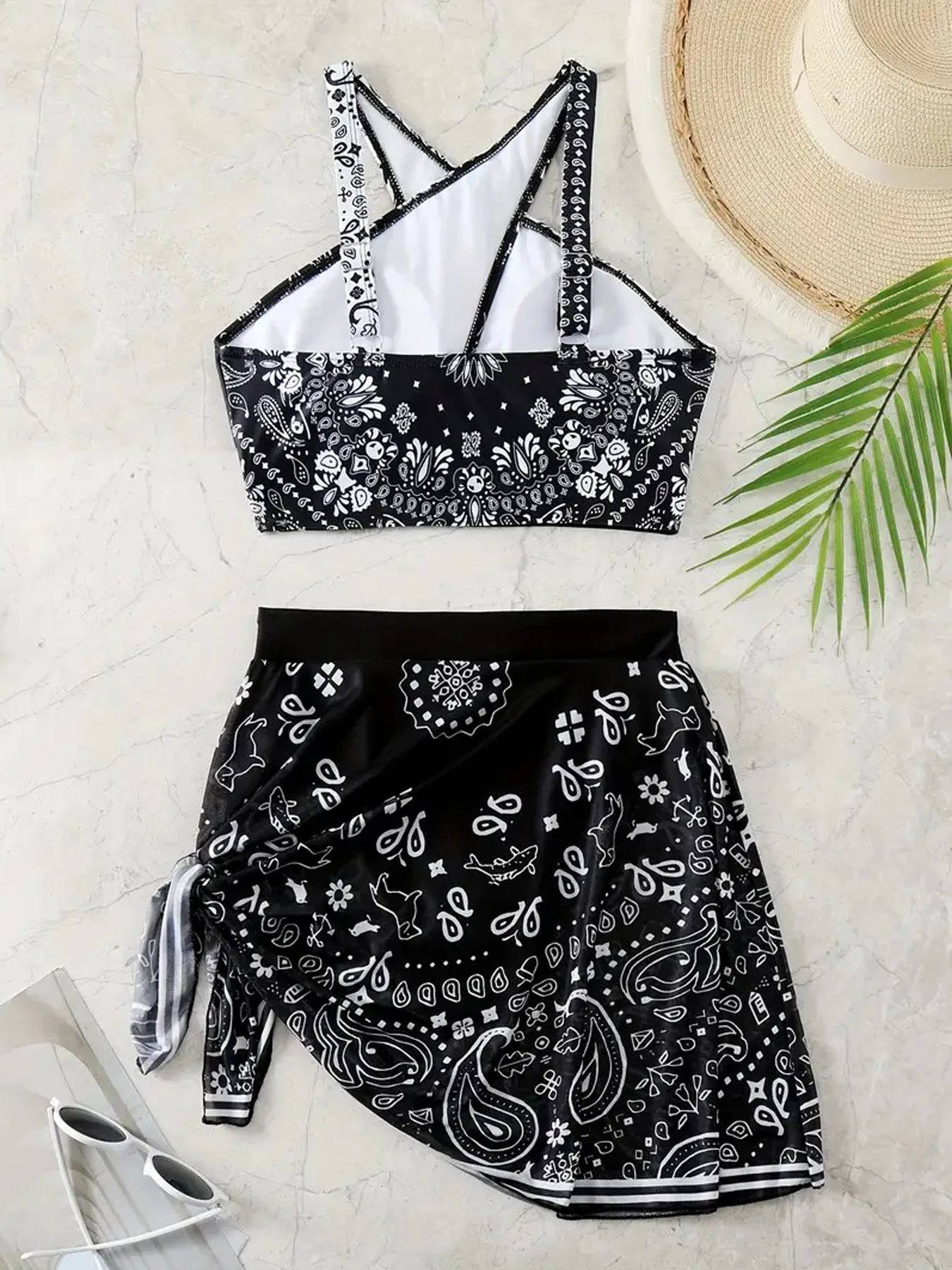 
                  
                    VigoCasey 2024 Print Hollow Cross Bikini Set Straps Tied Skirt Swimwear For Women Bsckless 2 Piece Beach Swimsuit Bathing Suit
                  
                