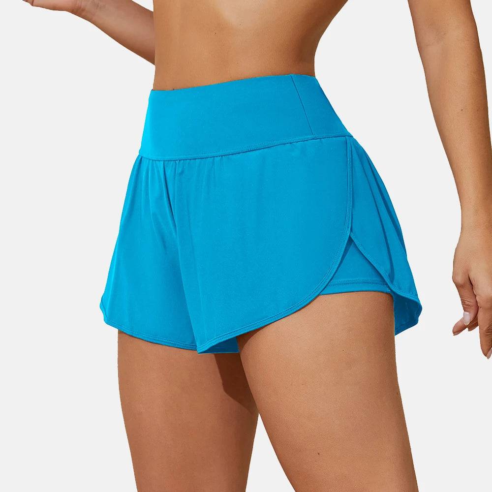 Anfilia Women Swimming Trunks Solid High Waist Wide Waist Band Side Split 2 in 1 Beach Shorts with Pockets Tankini Bottom