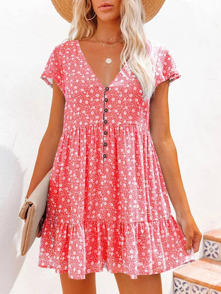 
                  
                    Women Summer Floral Print Short Sleeve V Neck A Line Dress Casual Boho Pleated Mini Dress Beach Party Vacation Sundress 2023
                  
                