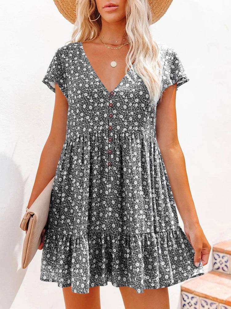 
                  
                    Women Summer Floral Print Short Sleeve V Neck A Line Dress Casual Boho Pleated Mini Dress Beach Party Vacation Sundress 2023
                  
                