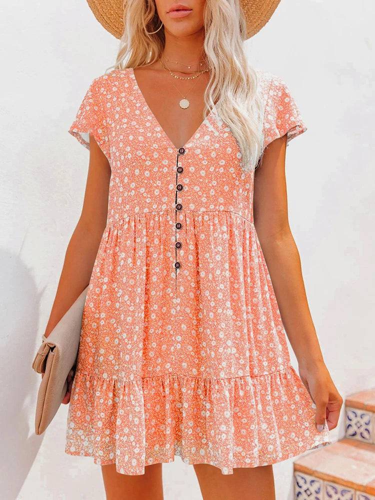 
                  
                    Women Summer Floral Print Short Sleeve V Neck A Line Dress Casual Boho Pleated Mini Dress Beach Party Vacation Sundress 2023
                  
                