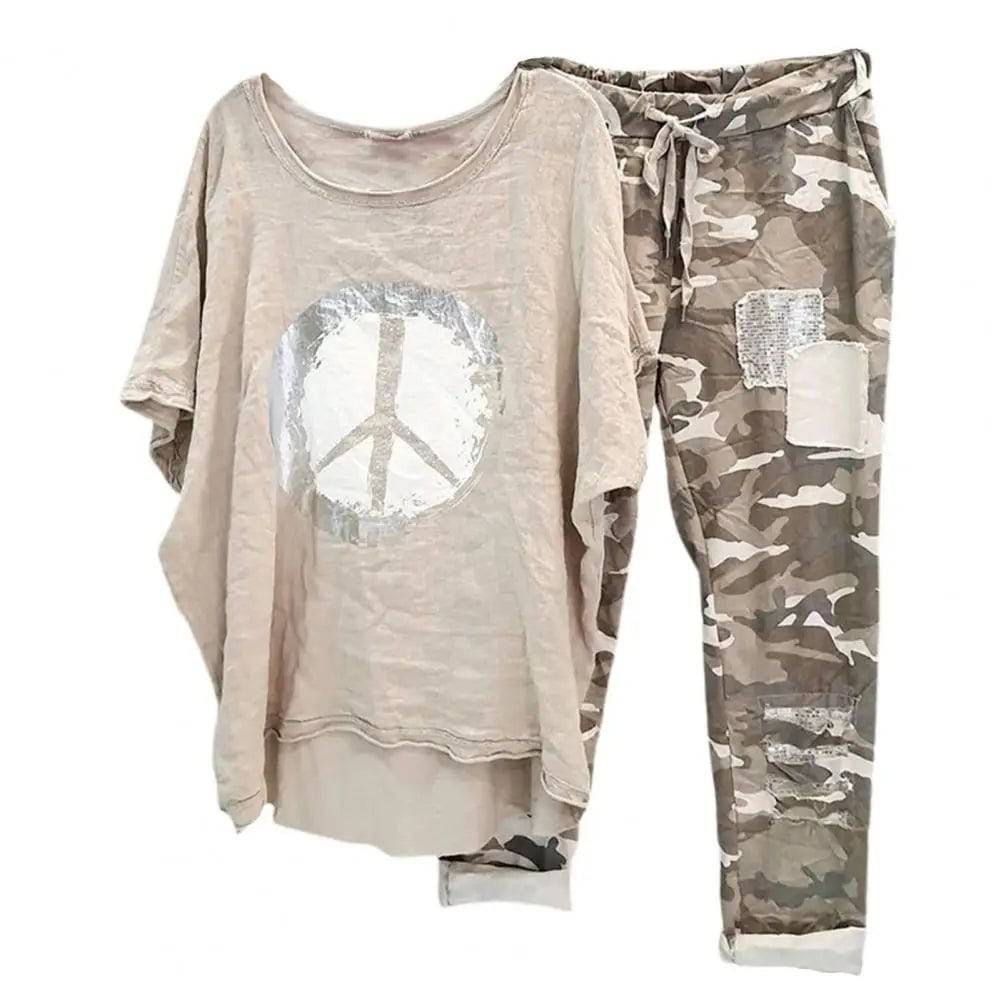 
                  
                    1 Set T-shirt Pants Set Women Tracksuit O Neck Irregular Hem Blouse Camouflage Print Drawstring Pants Outfit Sets survêtements
                  
                