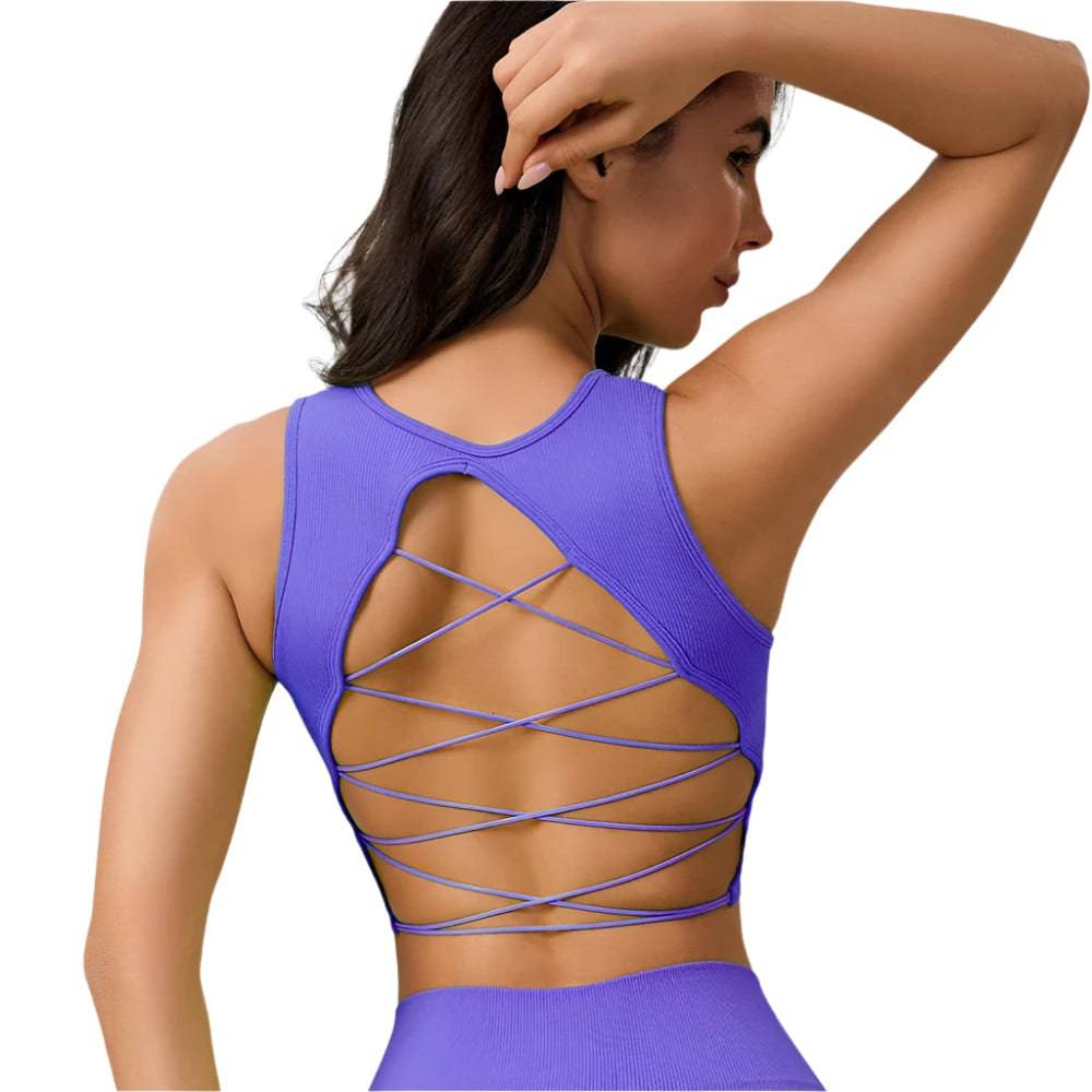 Crisscross Backless Yoga Tank Top Fixed Cup Sports Bra U-neck Gym Crop Tops