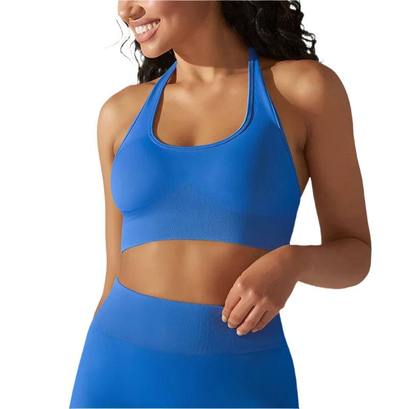 Sexy Yoga Bra Women's Cropped Top Halter Neck Sports Bra Solid Seamless Padded Fitness Female Top For Woman