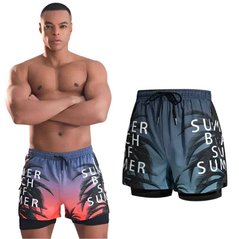 Double-layer Swim Trunks for Men Boxer Shorts Anti-embarrassment Lined with Professional Beach Pants Adult Swim Gear