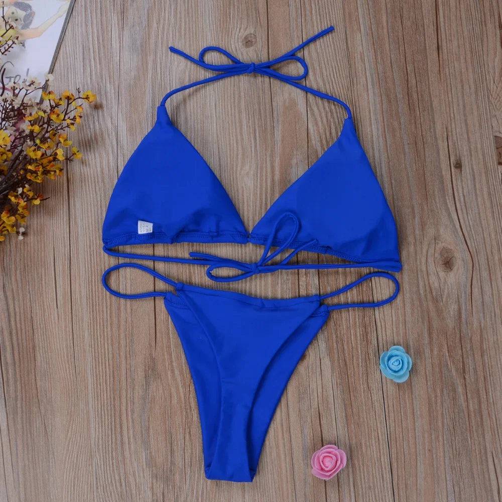 
                  
                    Sexy Women Thong Bikini Set Side Halter Tie Swimsuit Ladies Split Strap Adjustable Bandage Style Brazilian Swimwear Beachwear
                  
                