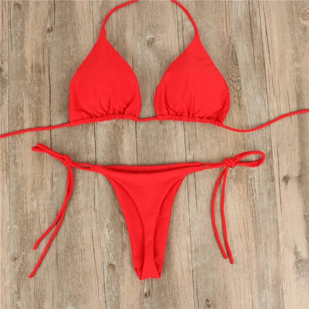 
                  
                    Sexy Women Thong Bikini Set Side Halter Tie Swimsuit Ladies Split Strap Adjustable Bandage Style Brazilian Swimwear Beachwear
                  
                