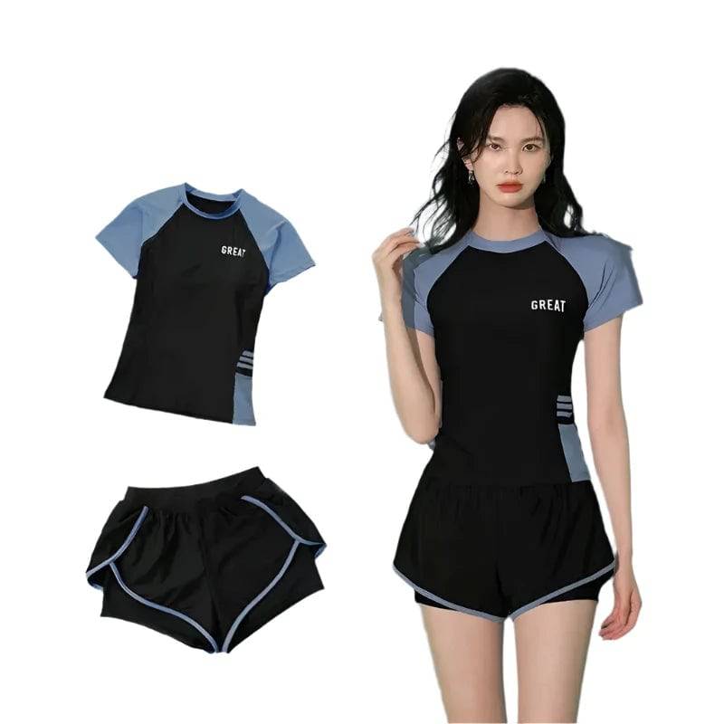 Fashion Women's Swimming Suit Ladies Patchwork Short Sleeve Swimwear 2023 Sports Pool Beachwear Two Piece Swimsuit With Shorts