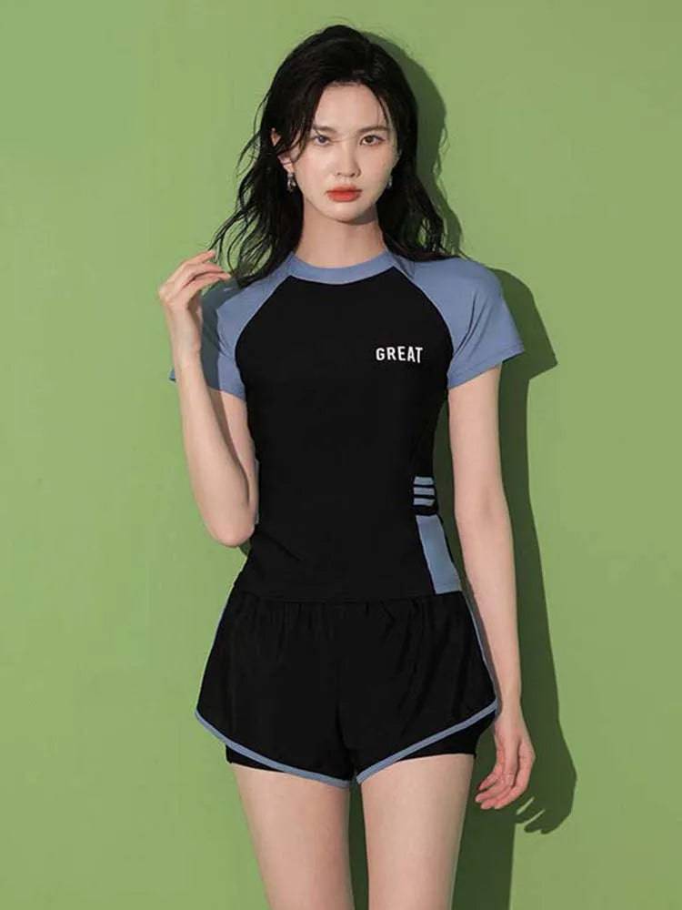 
                  
                    Fashion Women's Swimming Suit Ladies Patchwork Short Sleeve Swimwear 2023 Sports Pool Beachwear Two Piece Swimsuit With Shorts
                  
                