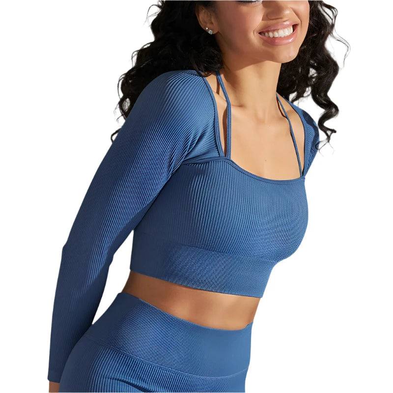 Women's Long Sleeve Shirts Seamless Crop Top Woman Sports Top With Strap Detailing Workout Activewear Yoga Tops