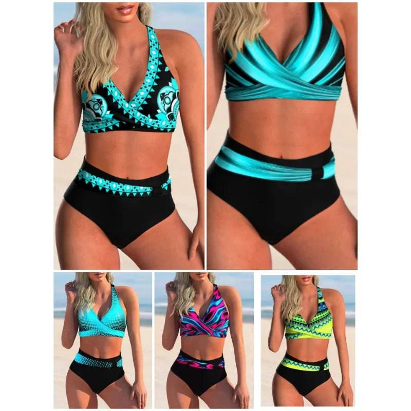 New Striped Print High Waist Bikini Sets Swimsuit For Women Cross Push Up Swimwear Female Two Pieces Bathing Suit Beachwear