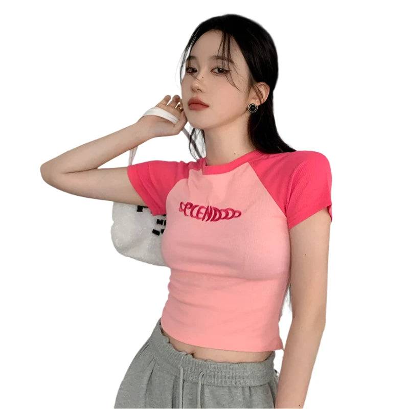 Y2K Women T Shirt Patchwork Letter Slim Fit Crop Tops Streetwear Casual Korean Fashion Short Sleeve Tshirts Bae Female Tees