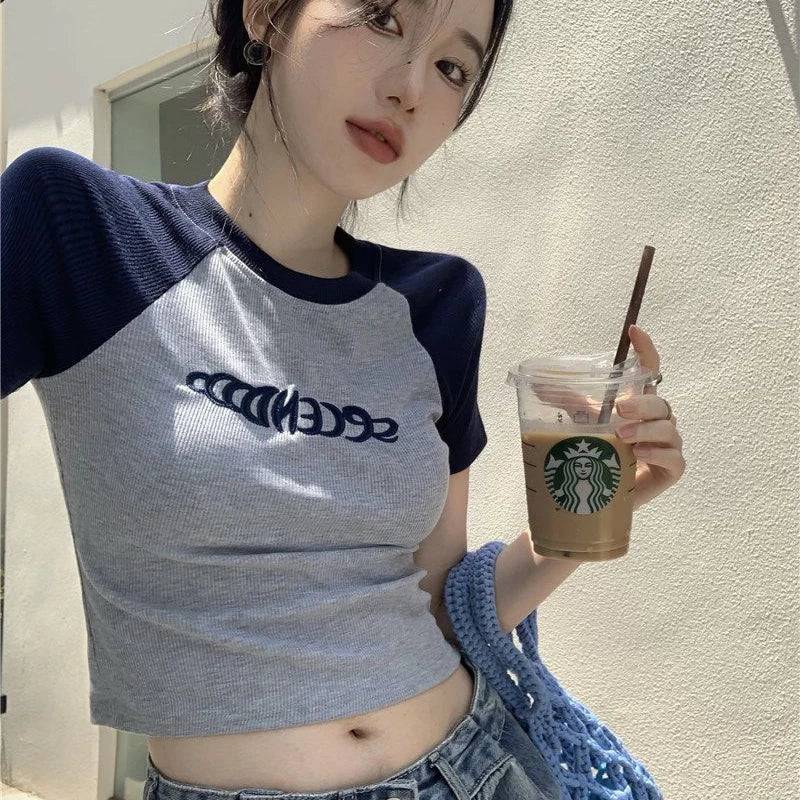 
                  
                    Y2K Women T Shirt Patchwork Letter Slim Fit Crop Tops Streetwear Casual Korean Fashion Short Sleeve Tshirts Bae Female Tees
                  
                