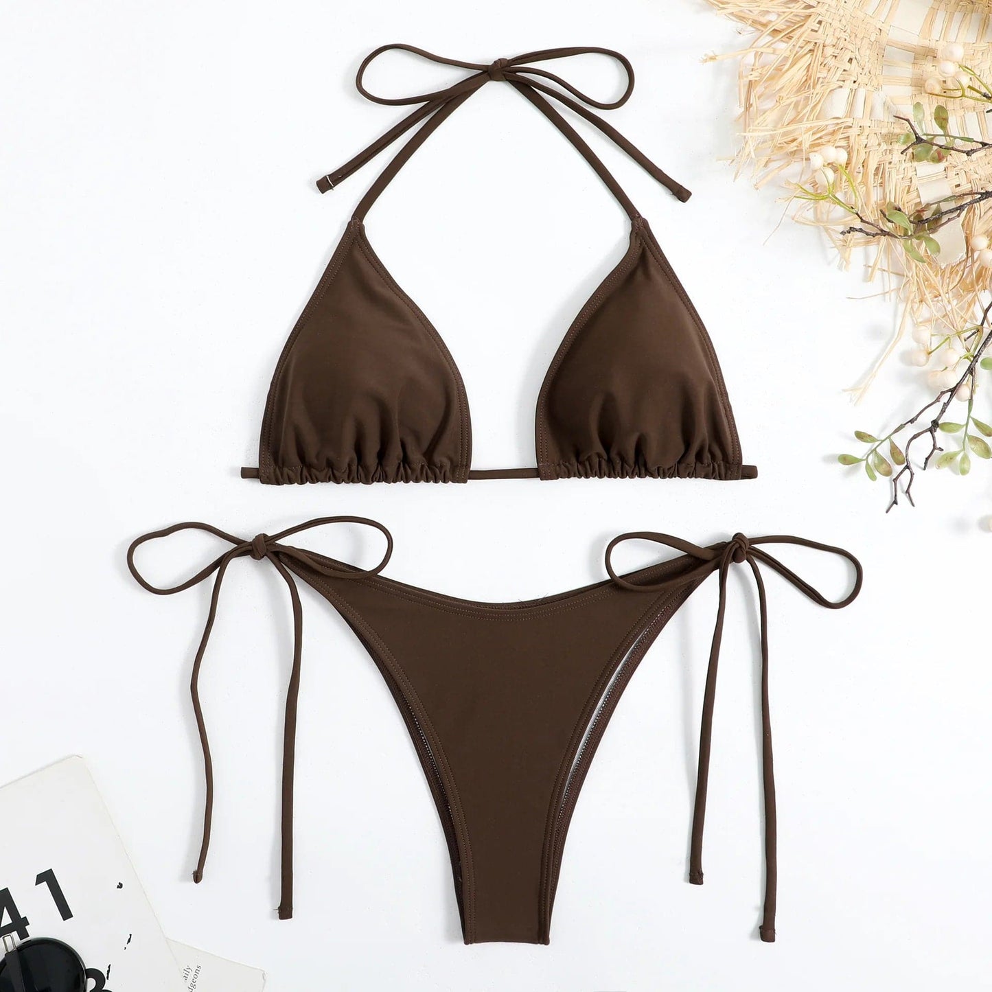 
                  
                    Sexy Women Thong Solid Color Bikini Set Side Halter Tie Swimsuit Ladies Split Strap Adjustable  Brazilian Swimwear Beachwear
                  
                