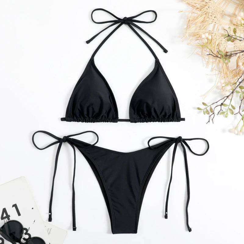 
                  
                    Sexy Women Thong Solid Color Bikini Set Side Halter Tie Swimsuit Ladies Split Strap Adjustable  Brazilian Swimwear Beachwear
                  
                