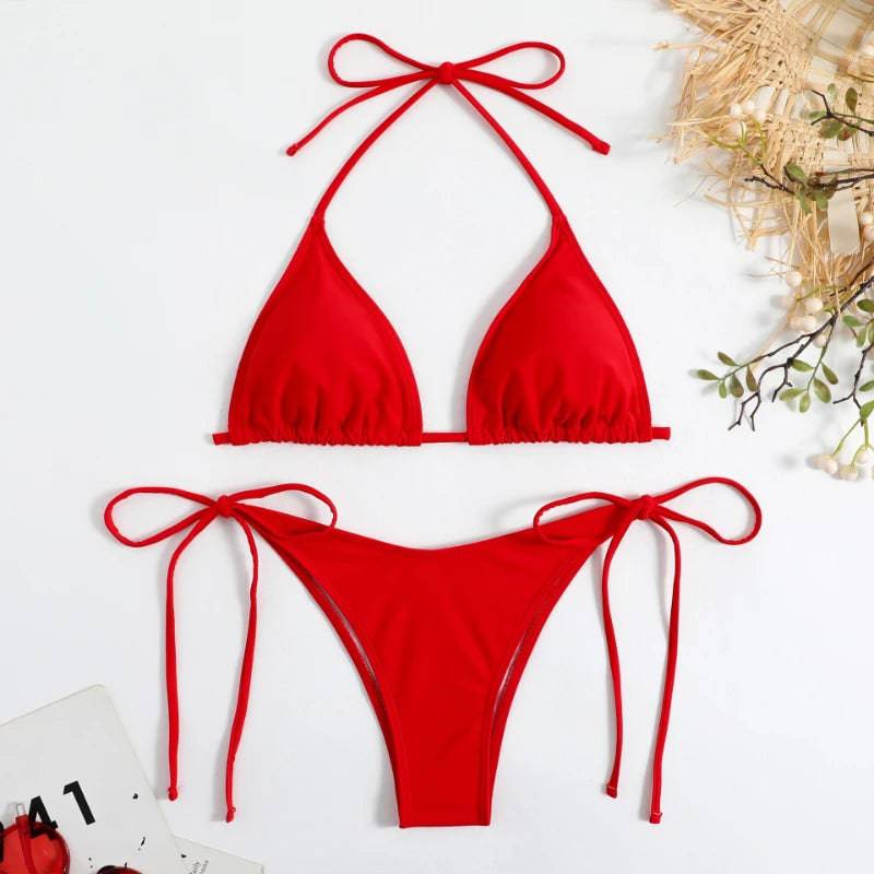 
                  
                    Sexy Women Thong Solid Color Bikini Set Side Halter Tie Swimsuit Ladies Split Strap Adjustable  Brazilian Swimwear Beachwear
                  
                