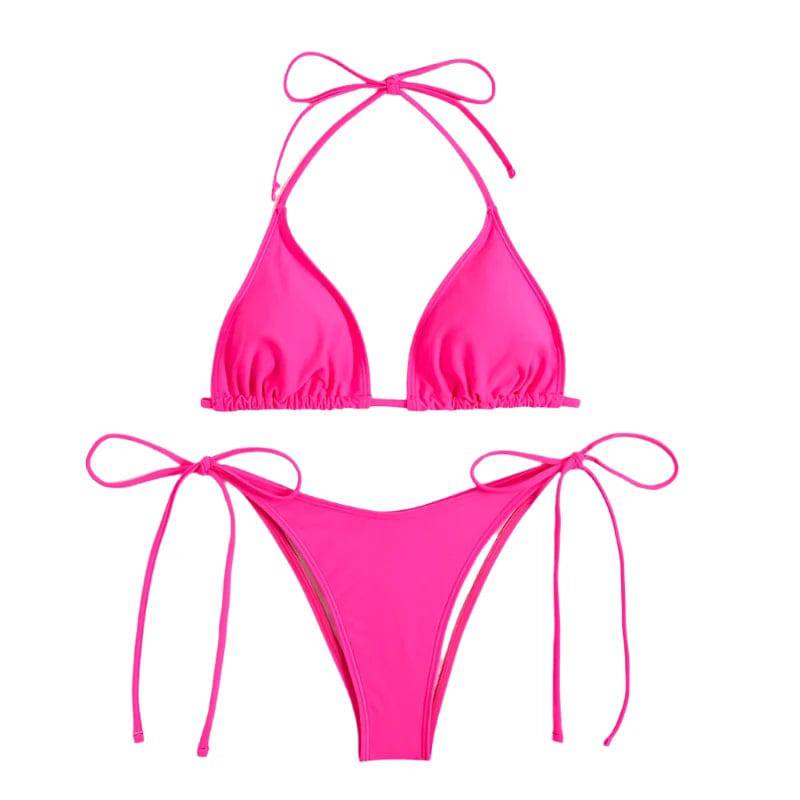 Sexy Women Thong Solid Color Bikini Set Side Halter Tie Swimsuit Ladies Split Strap Adjustable  Brazilian Swimwear Beachwear