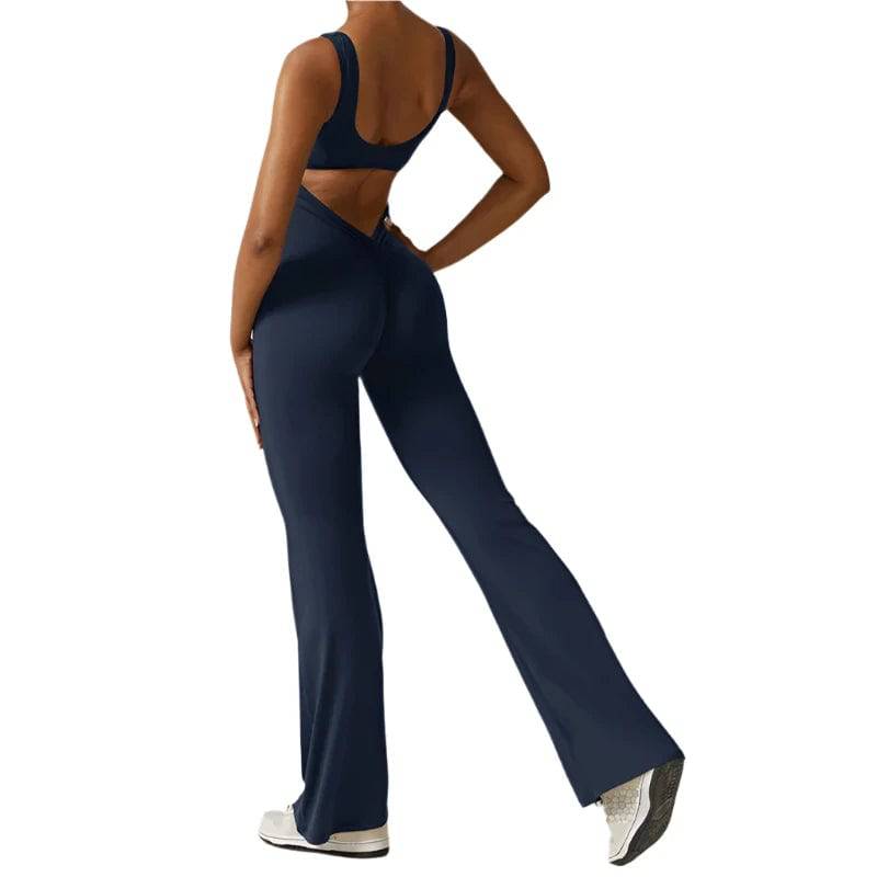 V Back Scrunch Gym Set Women Sport One-Piece Suit Yoga Suit Flared Pants Women Sports Jumpsuit Fitness Rompers Workout Bodysuits