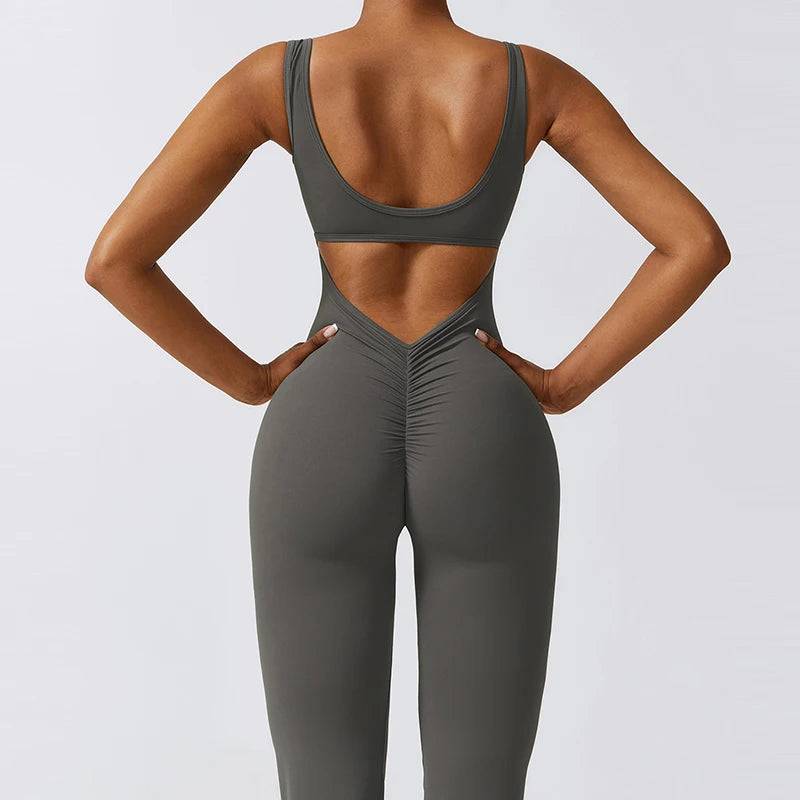 
                  
                    V Back Scrunch Gym Set Women Sport One-Piece Suit Yoga Suit Flared Pants Women Sports Jumpsuit Fitness Rompers Workout Bodysuits
                  
                