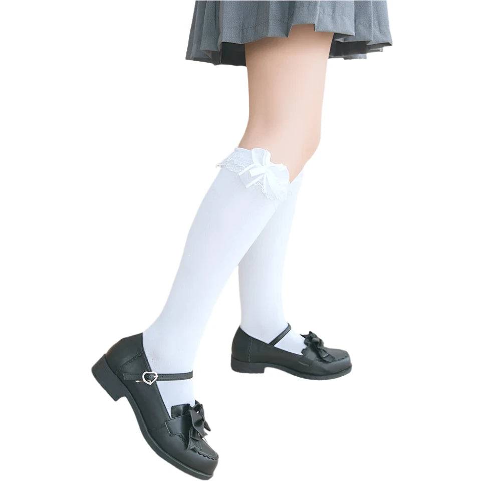 JK Loli Bow Lace Lolita Socks Knee High Black White Pile Pile Socks Sweet Women Girl Gift Bow Socks Cosplay Costumes Accessories