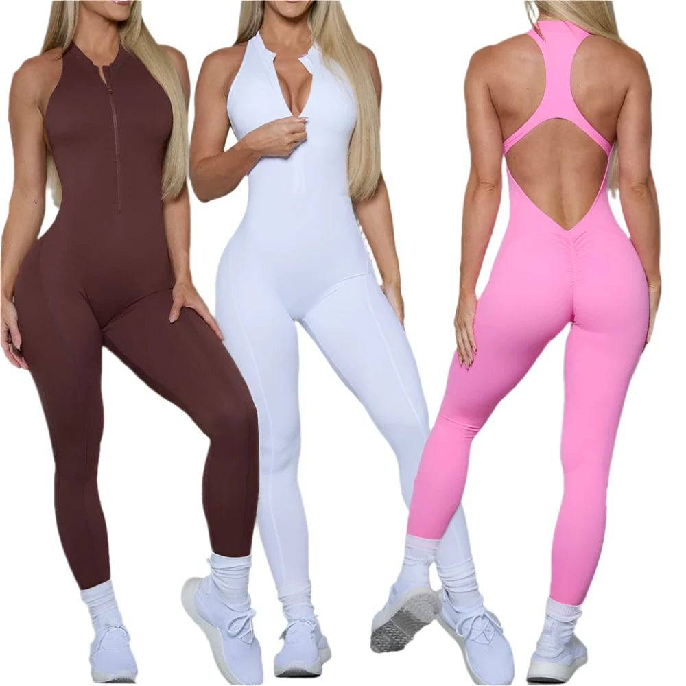 2024 Zipper Women Tracksuit Pad Yoga Set One Piece Jumpsuit Workout Scrunch Legging Rompers Sport Gym Active Suit Exercise Wear