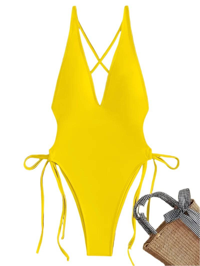 Fashion Solid Deep V Neck One Piece Swimsuit Women Yellow White Hollow Out Pleate Swimwear Beach Bandage Bathing Suit Monokini