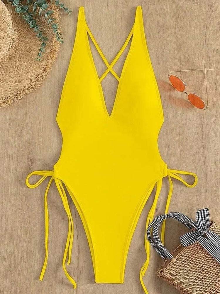 
                  
                    Fashion Solid Deep V Neck One Piece Swimsuit Women Yellow White Hollow Out Pleate Swimwear Beach Bandage Bathing Suit Monokini
                  
                