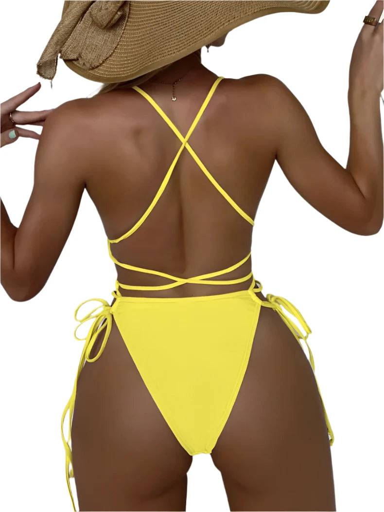 Sexy Deep V Neck One Piece Swimsuit Women Solid Yellow White Hollow Out Pleate Swimwear Beach Bandage Bathing Suit Monokini