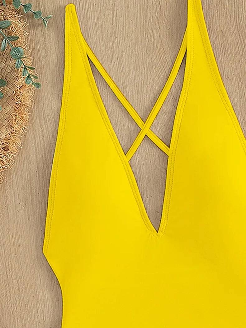 
                  
                    Sexy Deep V Neck One Piece Swimsuit Women Solid Yellow White Hollow Out Pleate Swimwear Beach Bandage Bathing Suit Monokini
                  
                