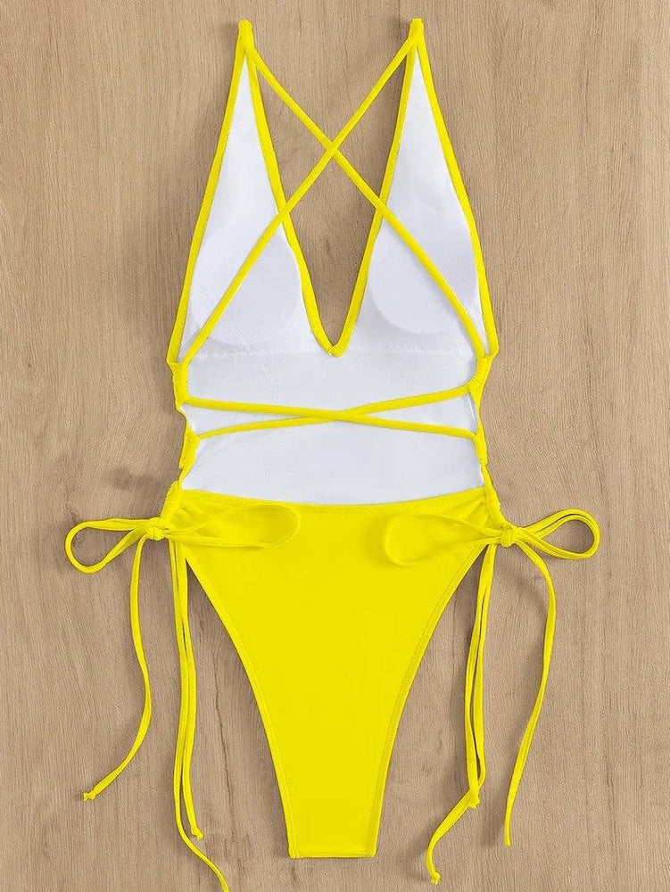 
                  
                    Sexy Deep V Neck One Piece Swimsuit Women Solid Yellow White Hollow Out Pleate Swimwear Beach Bandage Bathing Suit Monokini
                  
                