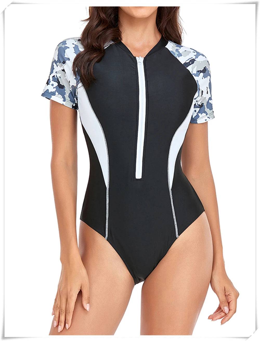 
                  
                    2023 Short Sleeve Zipper One Piece Swimsuit Zebra Print Swimwear Women Diving Clothes Surfing Beachwear Bathing Swimming Suit
                  
                