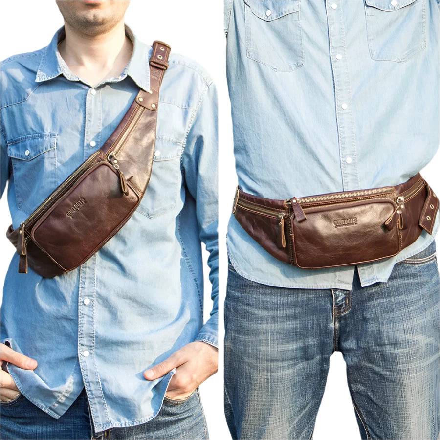 CONTACT'S Cow Leather Men Waist Bag New Casual Small Fanny Pack Male Waist Pack For Cell Phone And Credit Cards Travel Chest Bag