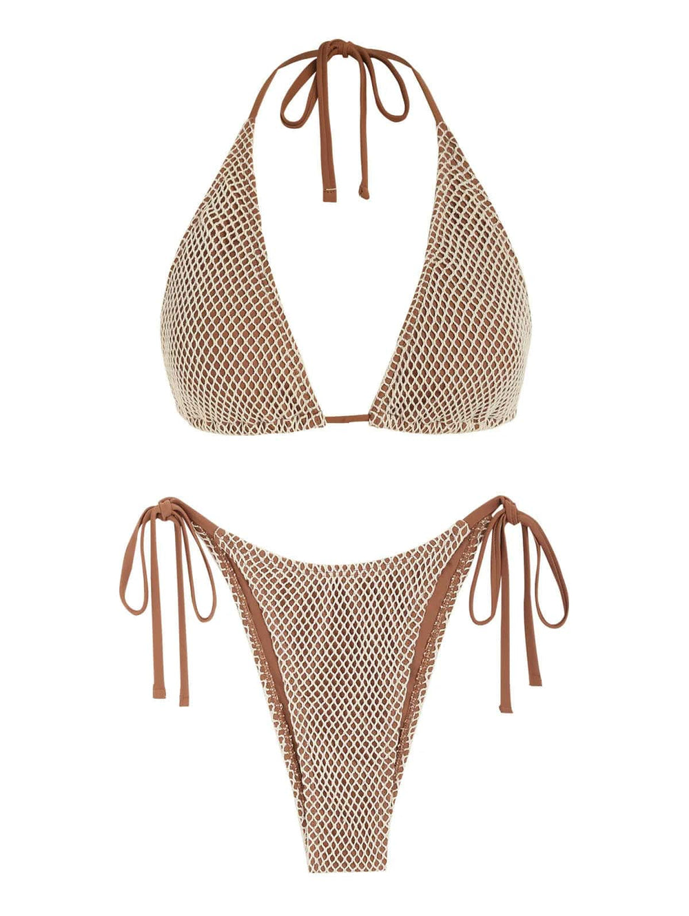 Women's Swimsuit Swimwear Matching Multiway Contrast Fishnet Halter Bandeau Tie Side Tanga Two Piece Bikinis Female Bikinis Set