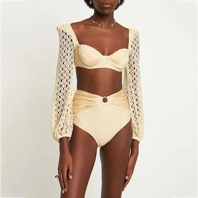 
                  
                    Knit Mesh Crochet Long Sleeve Bikini Sets Cut Out Stretch Swimsuit Cover Up Luxury Swimwear Women's Beach Outfits Beachwear 2024
                  
                