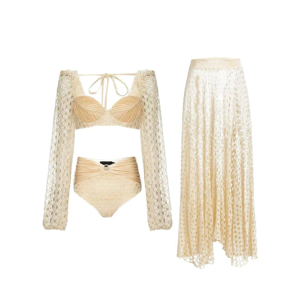 Knit Mesh Crochet Long Sleeve Bikini Sets Cut Out Stretch Swimsuit Cover Up Luxury Swimwear Women's Beach Outfits Beachwear 2024