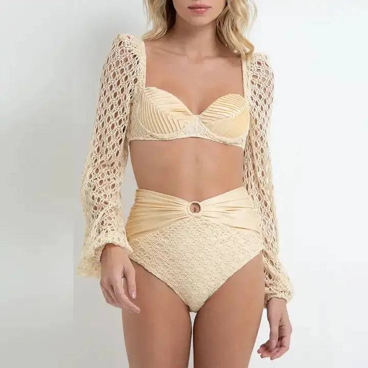 
                  
                    Knit Mesh Crochet Long Sleeve Bikini Sets Cut Out Stretch Swimsuit Cover Up Luxury Swimwear Women's Beach Outfits Beachwear 2024
                  
                