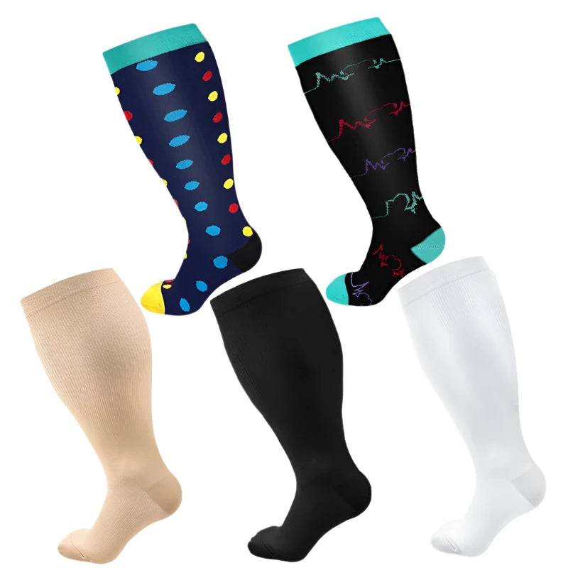 5 Pairs Compression Socks Oversized 4XL Varicose Vein Sports Socks Running Cycling Basketball Natural Hiking Stockings Printed