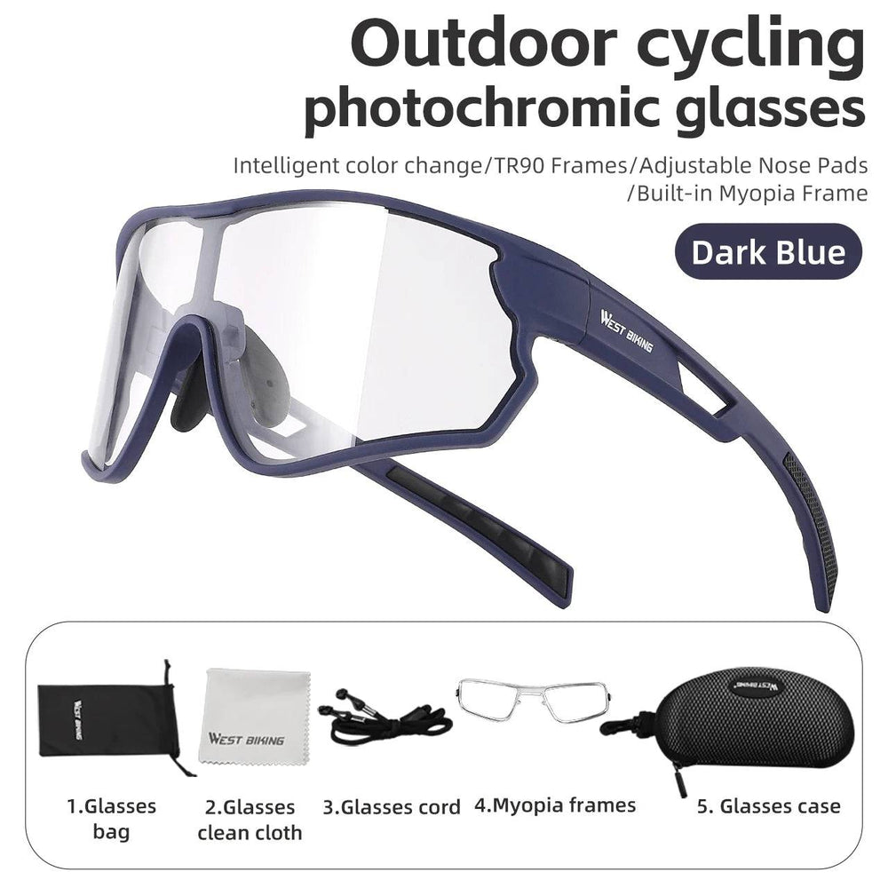 WEST BIKING Photochromic Cycling Glasses Myopia Frame for MTB Road Bike Sunglasses Windproof Riding Sport Goggles