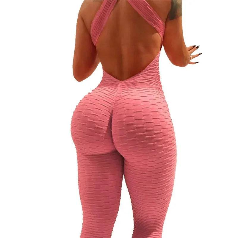 
                  
                    Sexy Backless Jumpsuits Women Solid Fitness Push Up Yoga Suits Elastic Seamless Jacquard Bubble Gym Sportswear Workout Clothes
                  
                