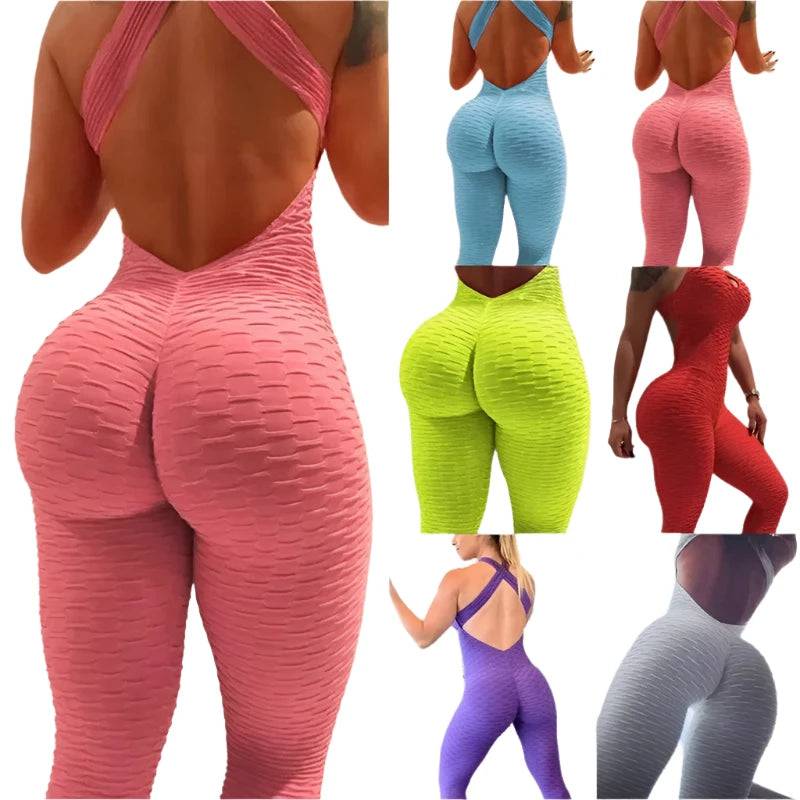 Sexy Backless Jumpsuits Women Solid Fitness Push Up Yoga Suits Elastic Seamless Jacquard Bubble Gym Sportswear Workout Clothes